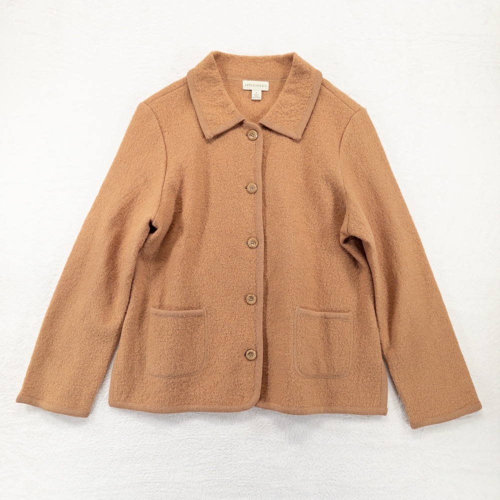 Appleseed's Cardigan Jacket Women Large Tan Camel 100% Wool Boiled Wool Collared